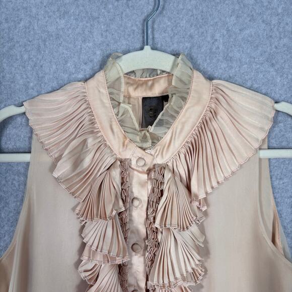 Forever 21 Blouse Medium Tan Satin Ruffle Tuxedo Bib Neutral Siren Quiet Glam - Picture 4 of 13